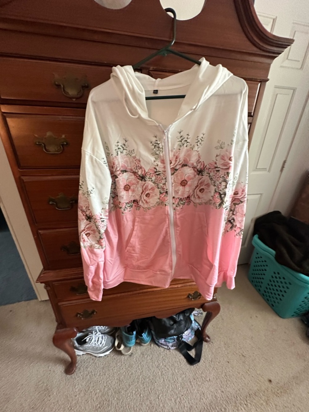 Floral Ombre Zip-Up Hoodie - White & Pink